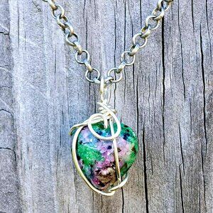 Ruby Zoisite Crystal Heart Pendant Necklace, Gemstone Jewelry, 17"